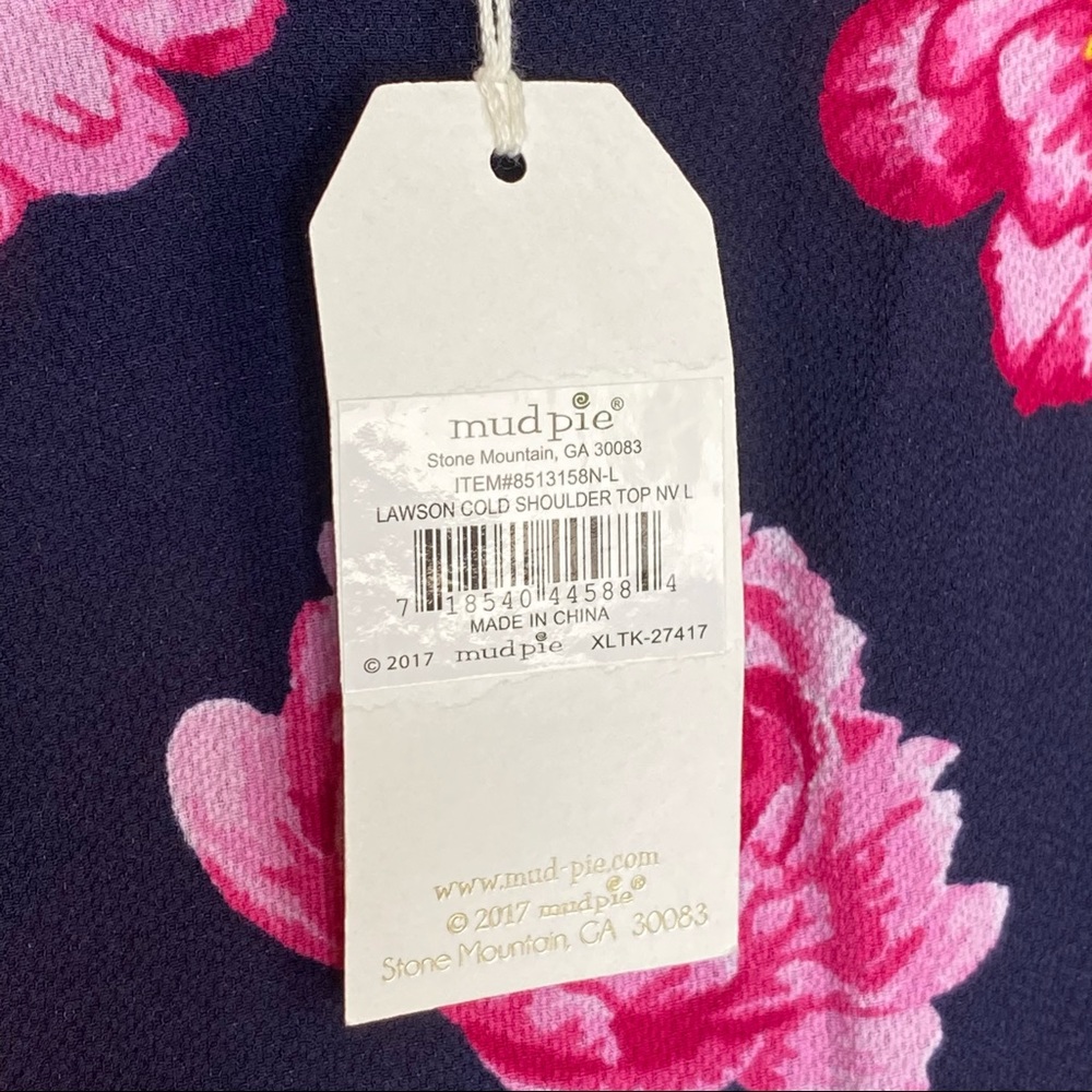 Mud Pie Lawson Top Blue Pink Floral Cold Shoulder NWT size Large L Lg NEW - Picture 8 of 13